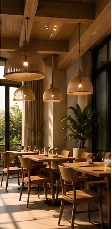 Quán café với bàn gỗ và đèn mây