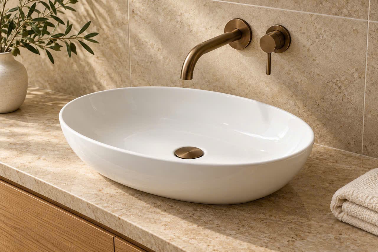 Lavabo đá đặt trên kệ với vòi gắn tường