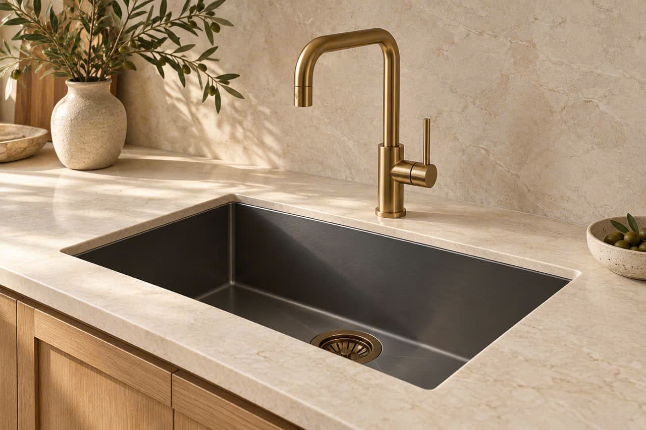 Bếp gỗ sáng màu với chậu rửa và vòi đồng