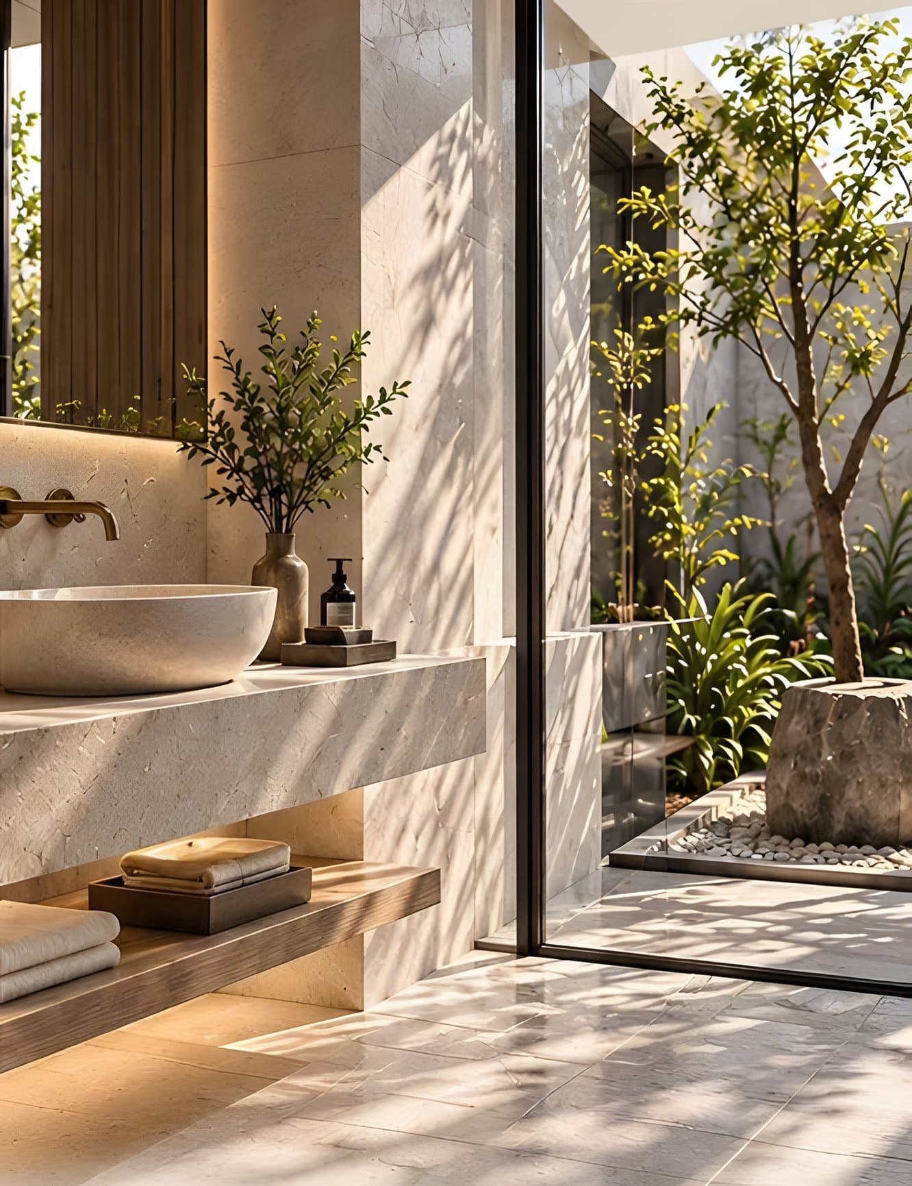 Phòng tắm tông đá be với lavabo đá và vòi đồng